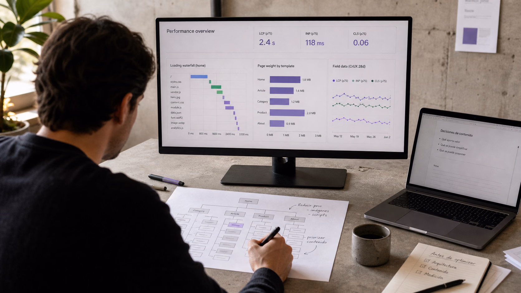 Estratega revisando arquitectura, peso de páginas y métricas de rendimiento web