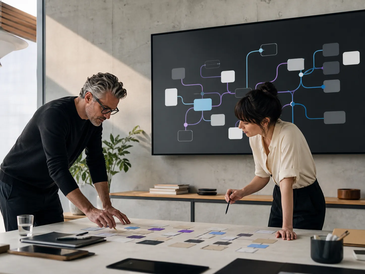 Equipo diseñando una aplicación y un flujo de automatización frente a un mapa de estados