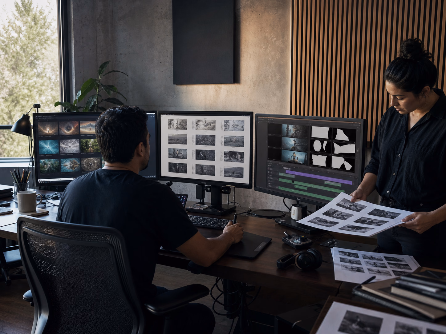 Equipo creativo trabajando con variantes, storyboards y edición audiovisual en tres pantallas