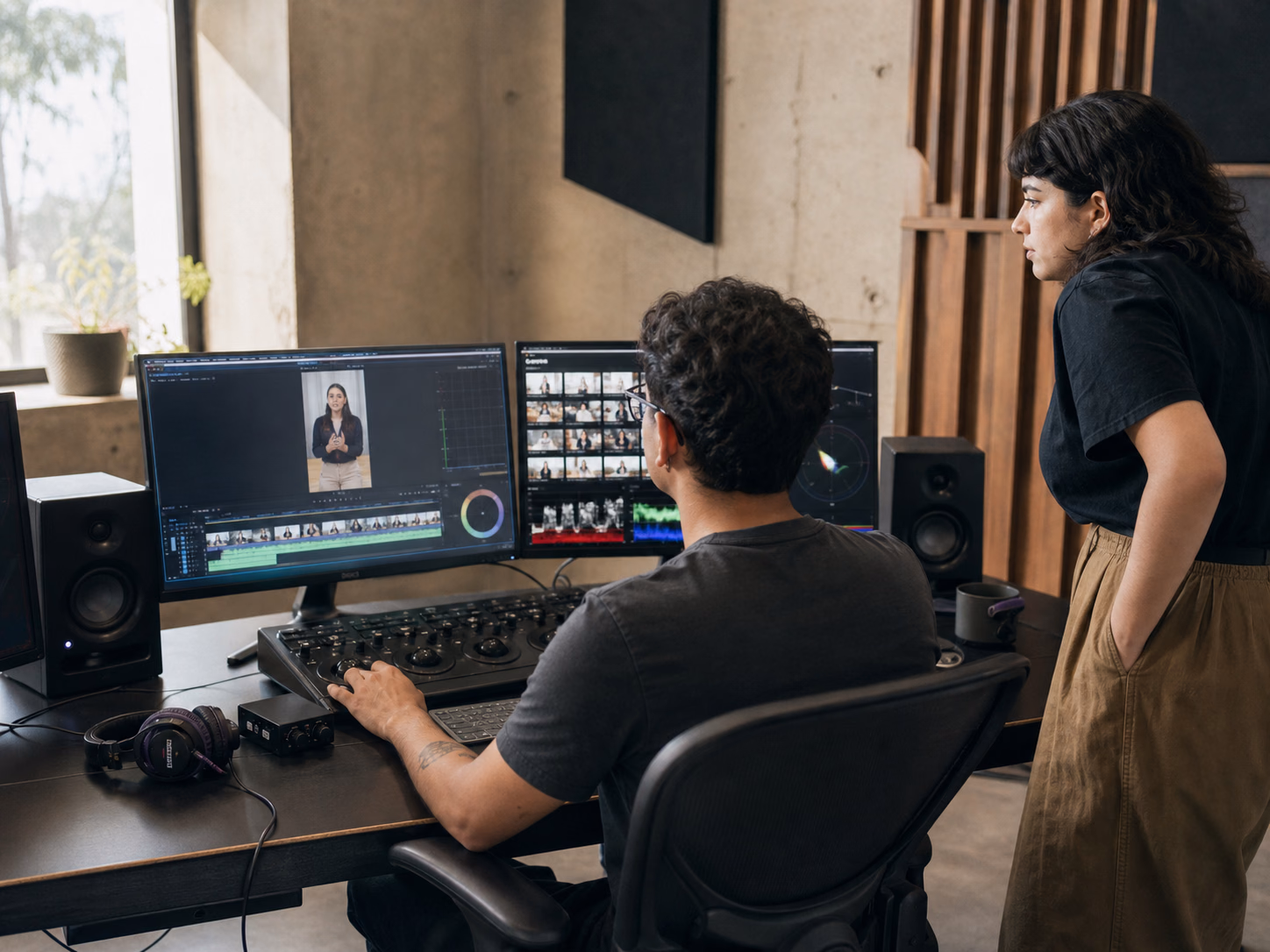 Editor y productora revisando una pieza vertical para redes en una sala de postproducción