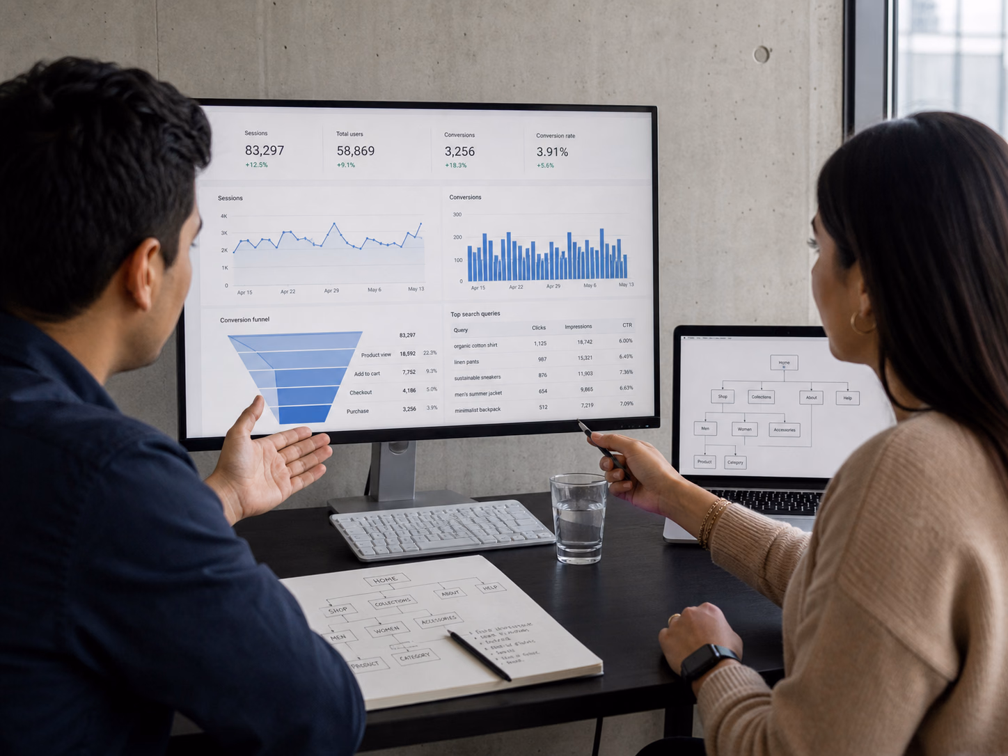 Equipo revisando gráficas de adquisición, conversión y ventas en varias pantallas